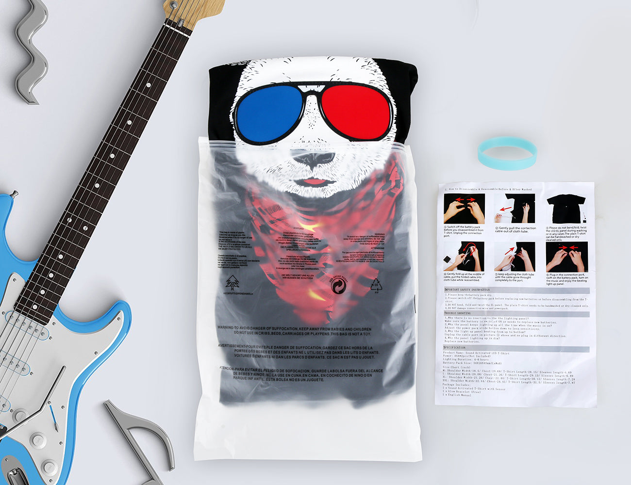 LED T Shirt Sound Activated Glow Shirts Light up Equalizer Clothes for Party（Panda）