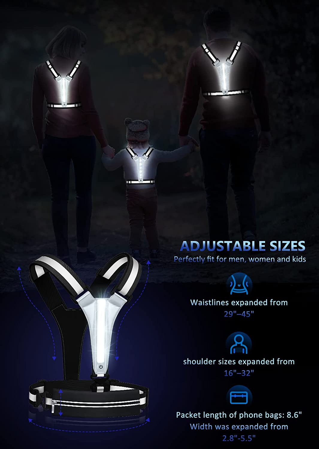LED Reflective Vest USB Rechargeable Vest Safety Gear Adjustable Night Running  LED for Men/Women/Child 